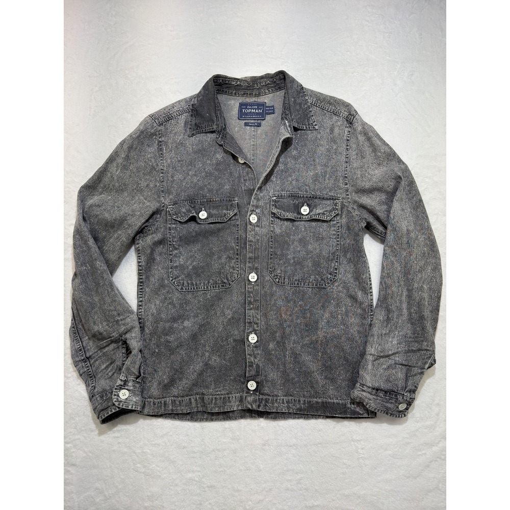 TOPMAN Jacket Mens Small Gray Denim Boxy Fit Military Shirt Button Front